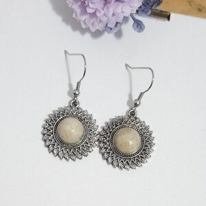 Silver Plated Beige Stone Dangle Earrings Boho Hippie Style Earrings